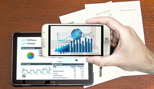 Cell phone in front of a tablet. Both are showing audit graphs